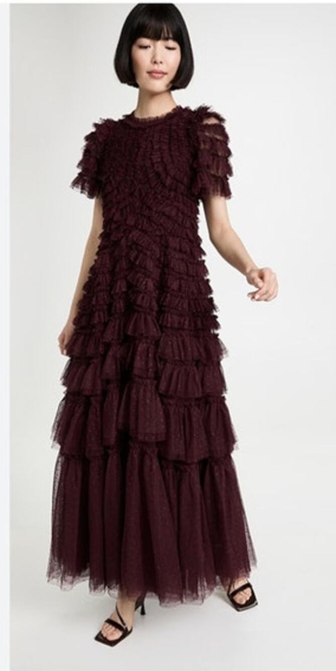 NEEDLE & THREAD Sz 12 US Willow Ruffle Gown Dress Maxi Burgundy Wine NEW